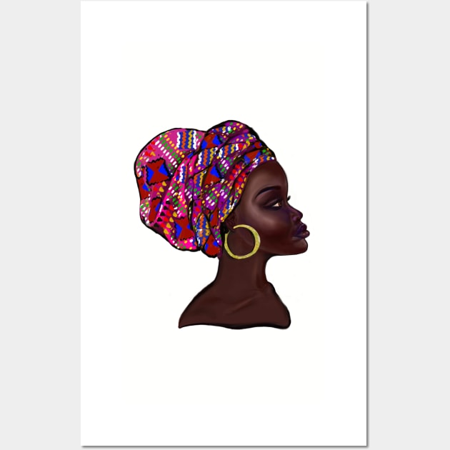 Afro queen With pink Kinte headwrap- Mahagony brown skin girl with thick glorious, curly Afro Hair and gold hoop earrings Wall Art by Artonmytee